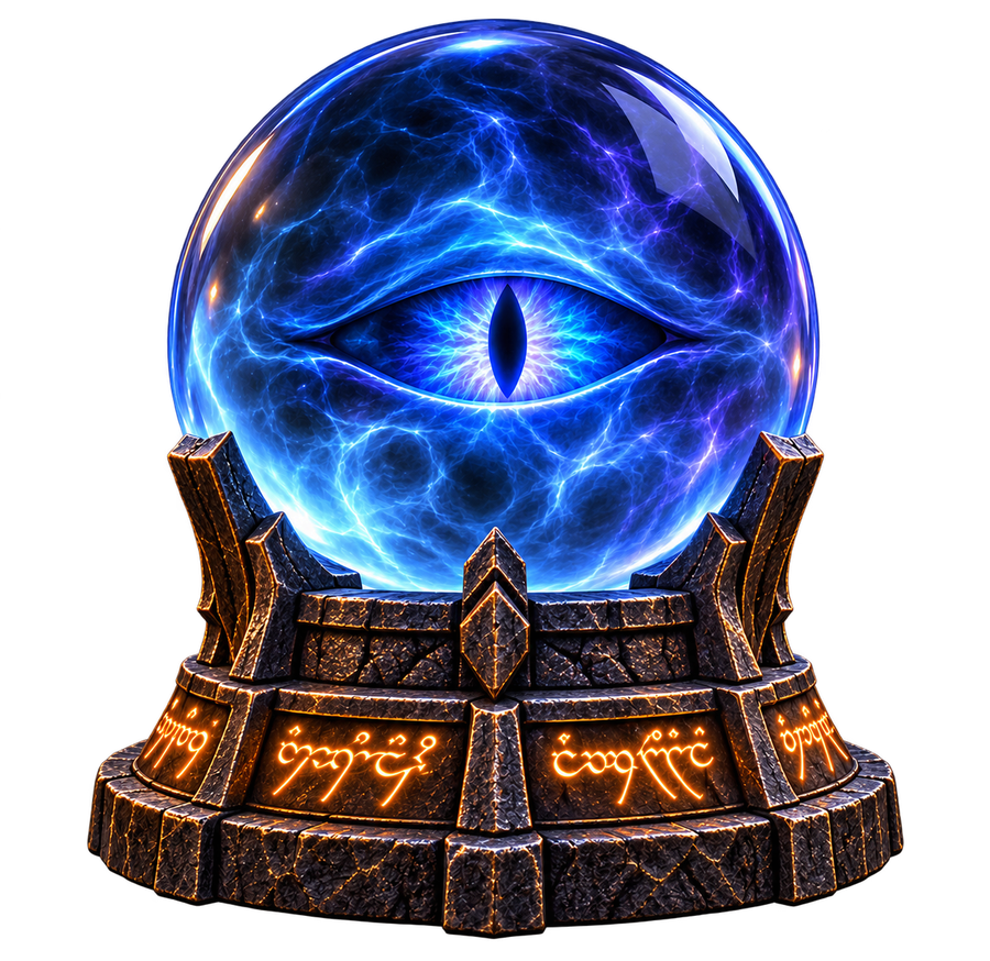 A glass orb holding a lightning-wreathed eye, set in a rune-carved brass cradle
